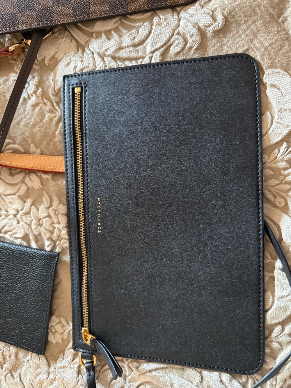 Tory Burch Black Leather Zip Pouch with Gold Hardware